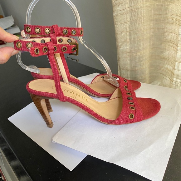Chanel ankle strap heels sandals mules ankle strap 37-7 red pumps slides slip-on - Picture 8 of 8